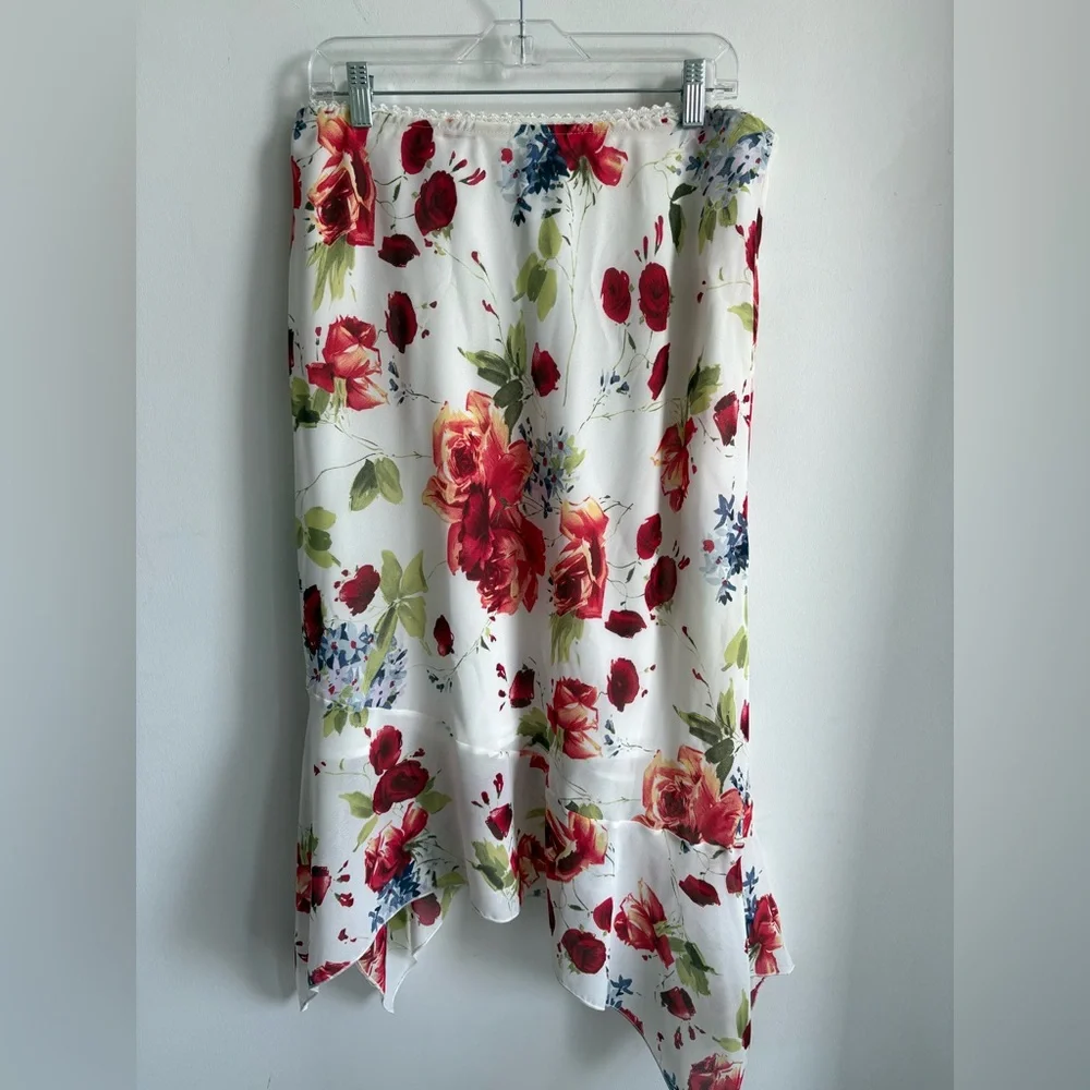 Vintage floral midi skirt — 90s asymmetrical hem - Picture 1 of 7
